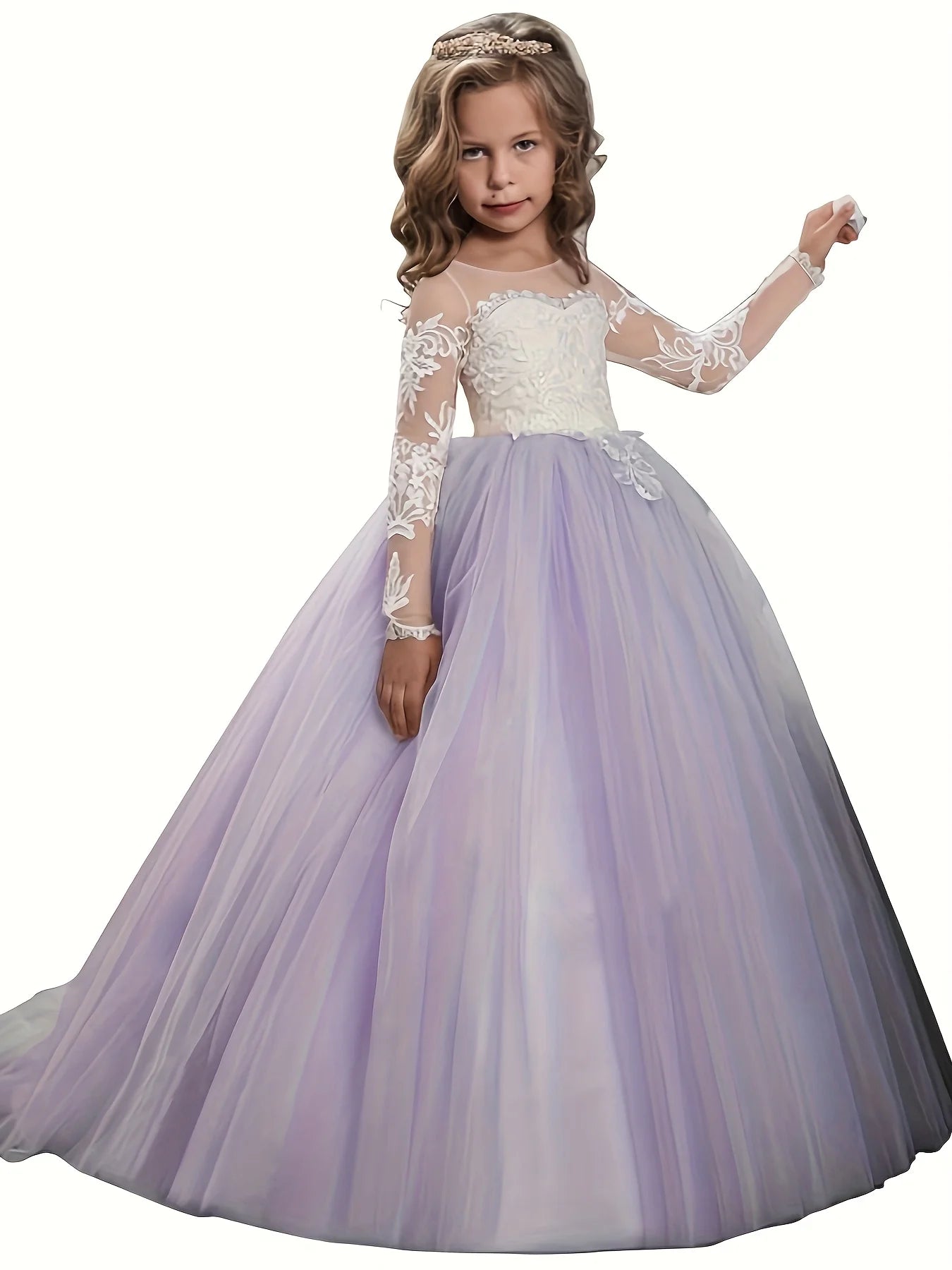 Abaowedding Lace Embroidery Sheer Long Sleeve Kids Gown