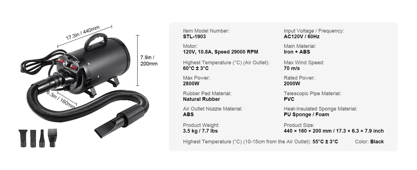 SucceBuy 2800W Dog Blow Dryer With Adjustable Speed And Nozzles