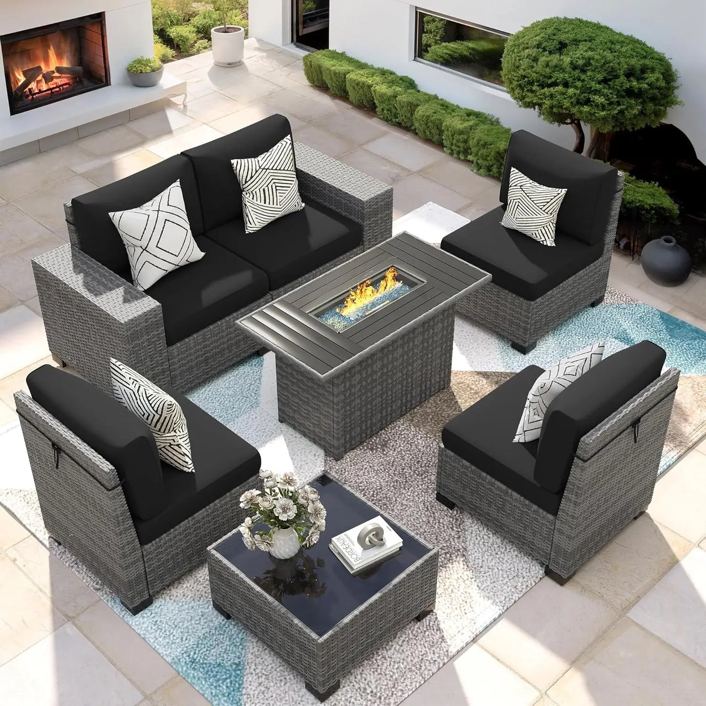 XIAOLANG 7-Piece Outdoor Patio Furniture Set With Fire Pit Table