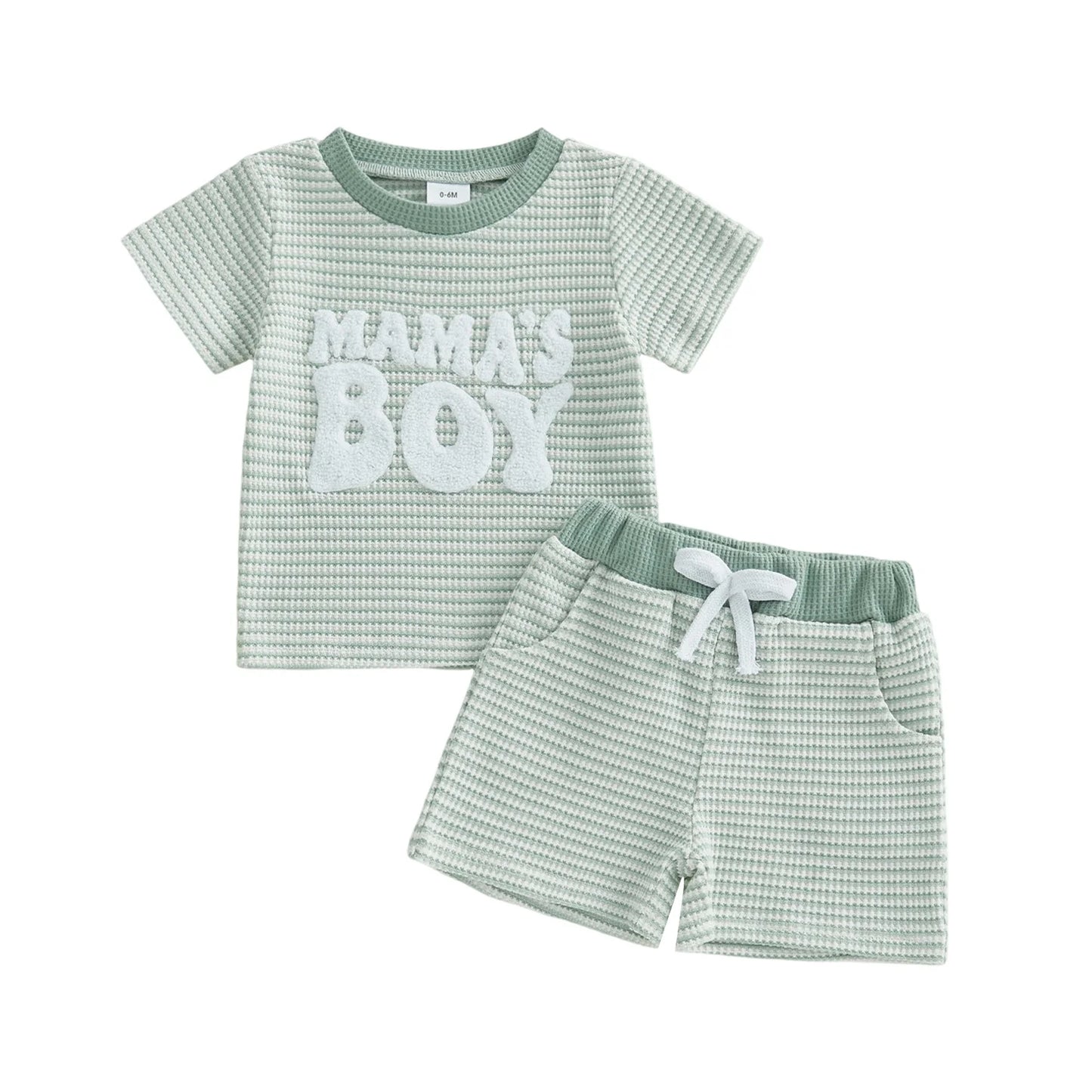 NONECN Baby Boy Summer Clothes Set Embroidered Striped Tee Shorts