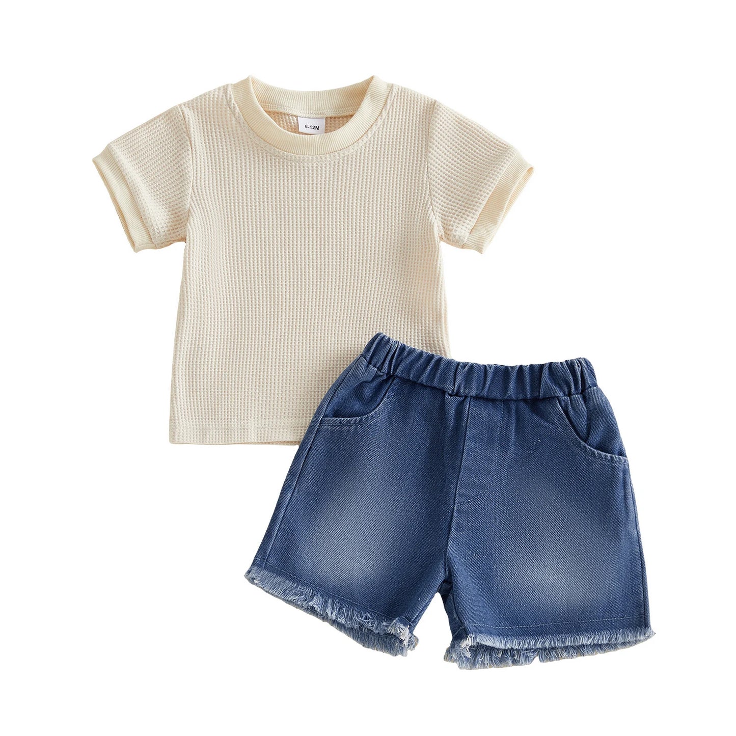 Two-Piece Infant Summer Outfit Set Crew Neck Tops Denim Shorts