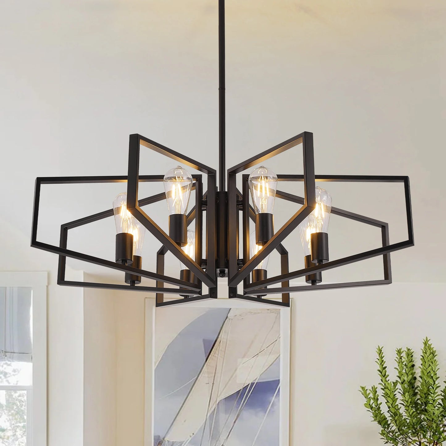 Geometric 8-Light Adjustable Height Chandelier Black Frame And Gold Accents