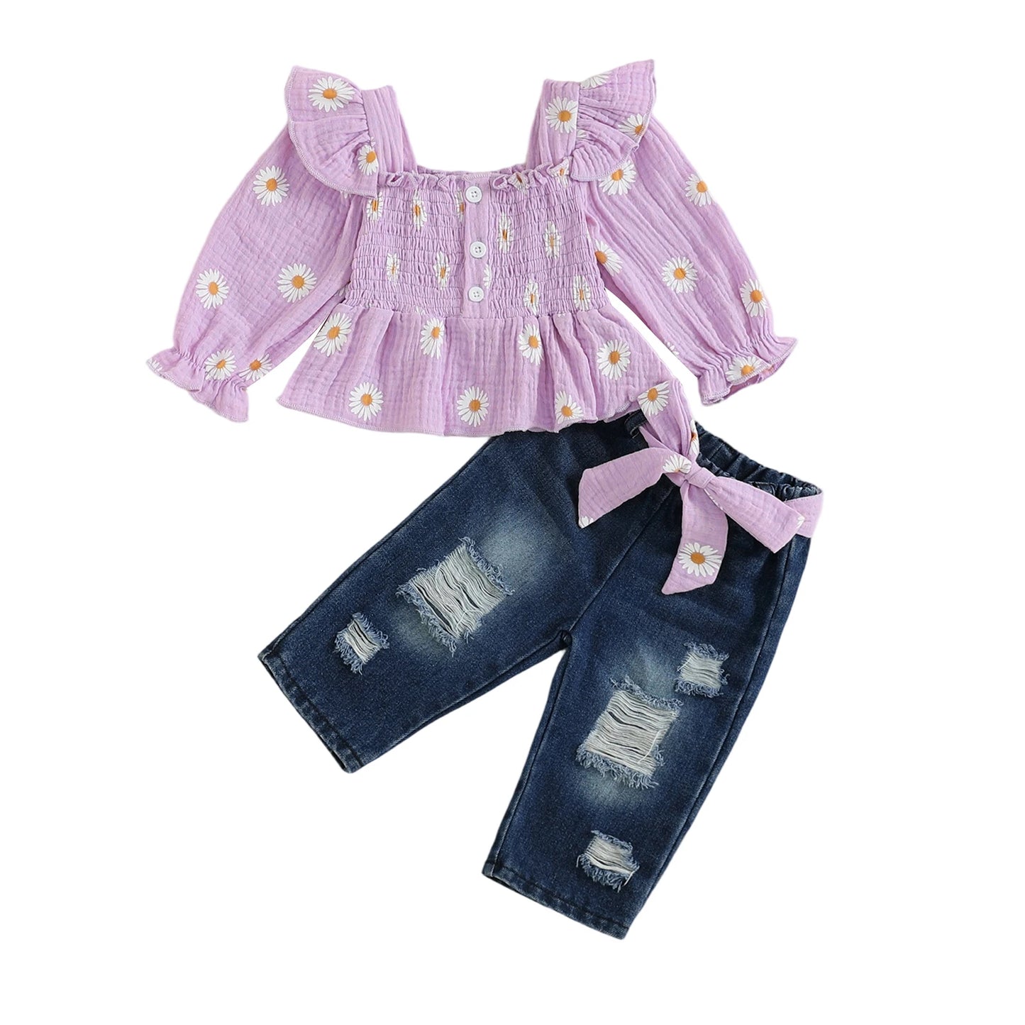 Girls Floral Print 2 Piece Belted Denim Pants Set Outfit