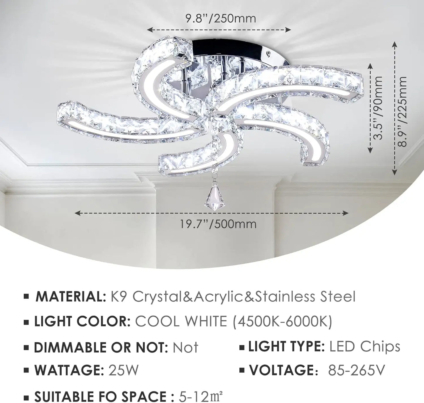 FRIXCHUR Modern Crystal Chandeliers LED Ceiling Light Fixtures Stainless Steel