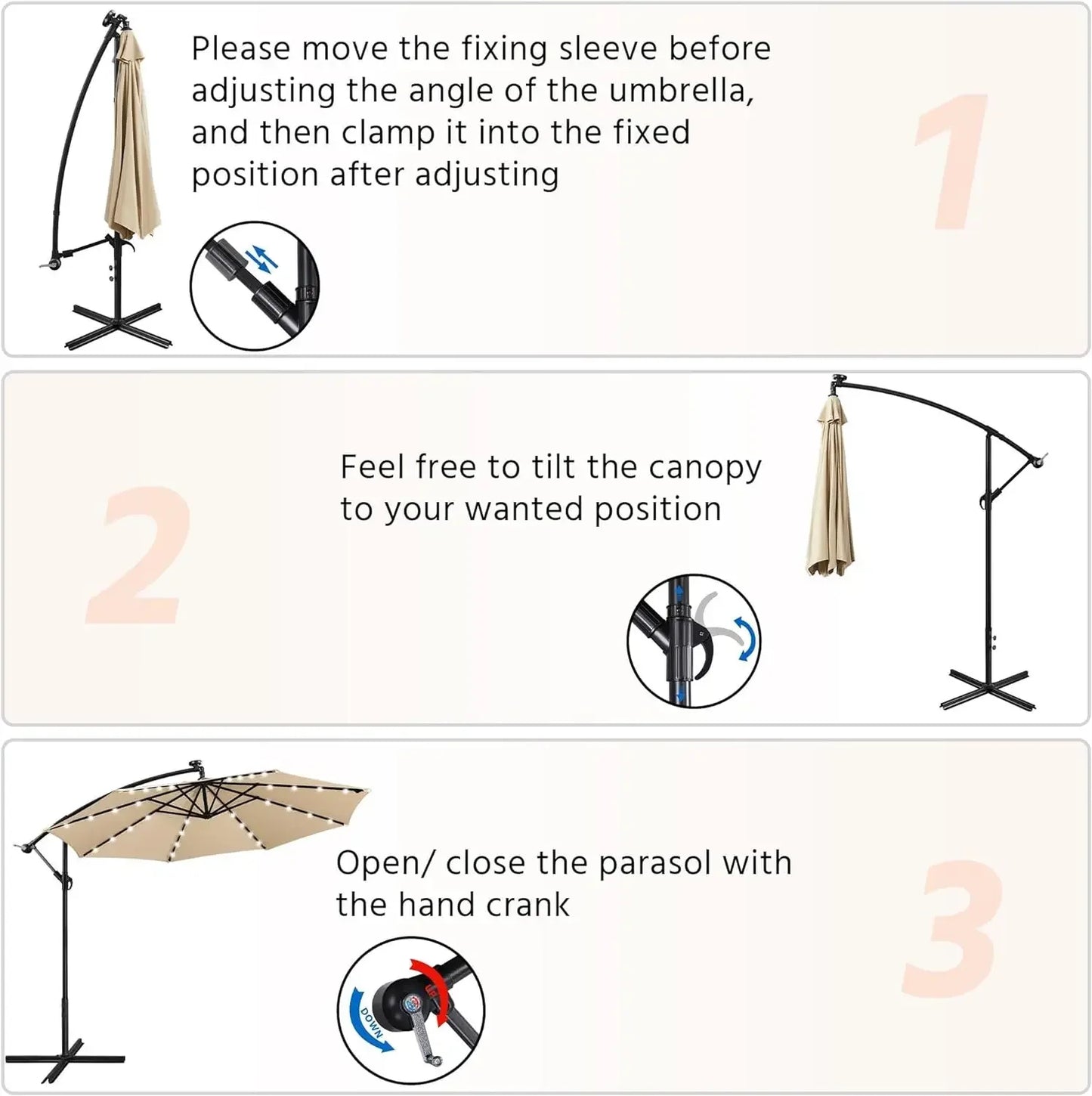 Solar Offset Cantilever Umbrella With LED Lights And Crank Base