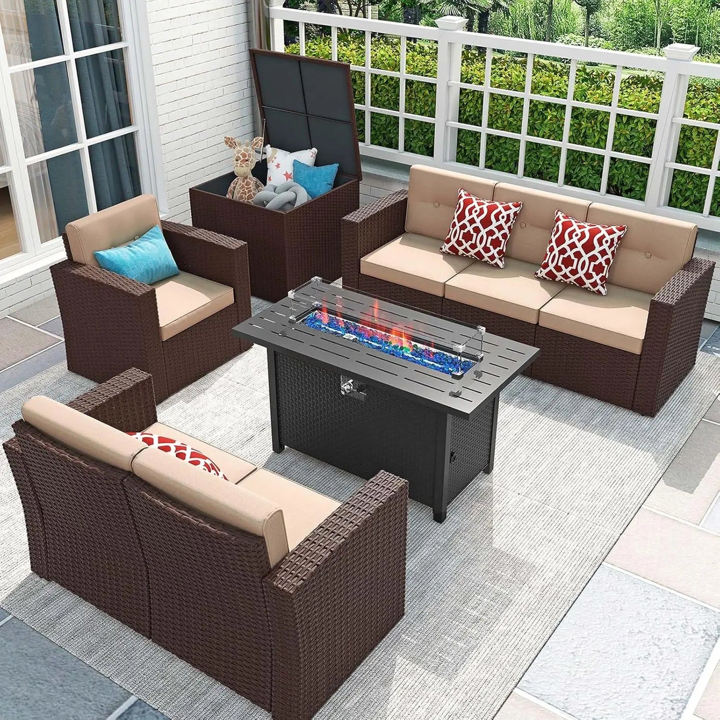 8 Piece Patio Furniture Set With Fire Pit Table Rattan