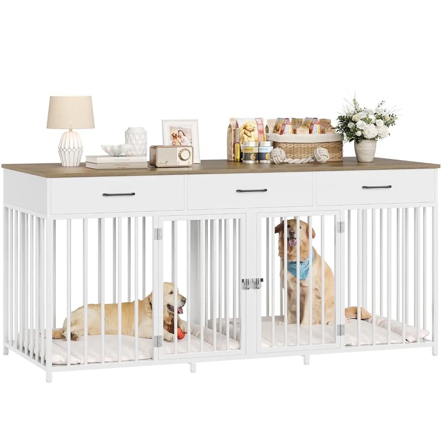 Double Dog Crate Furniture With Drawers And Removable Divider