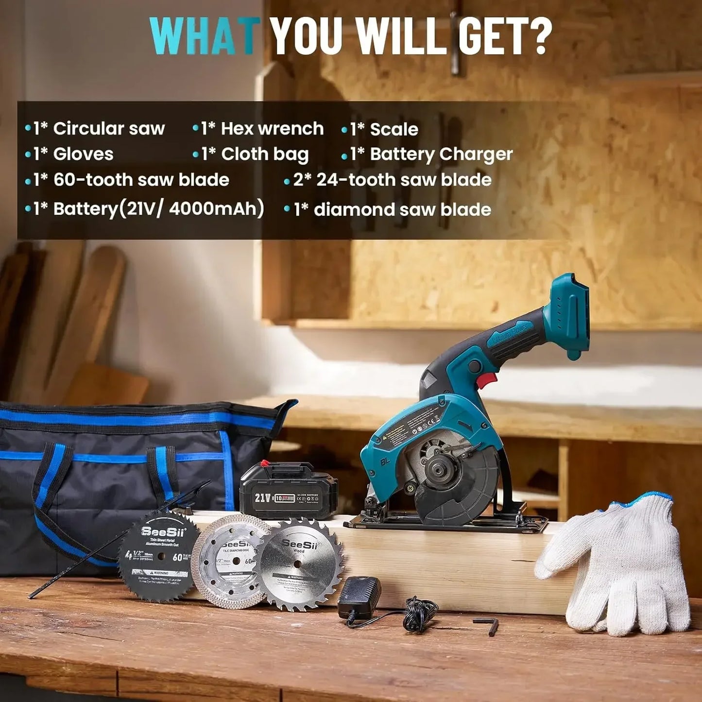 Seesii Cordless Mini Circular Saw Brushless 5000 RPM Compact