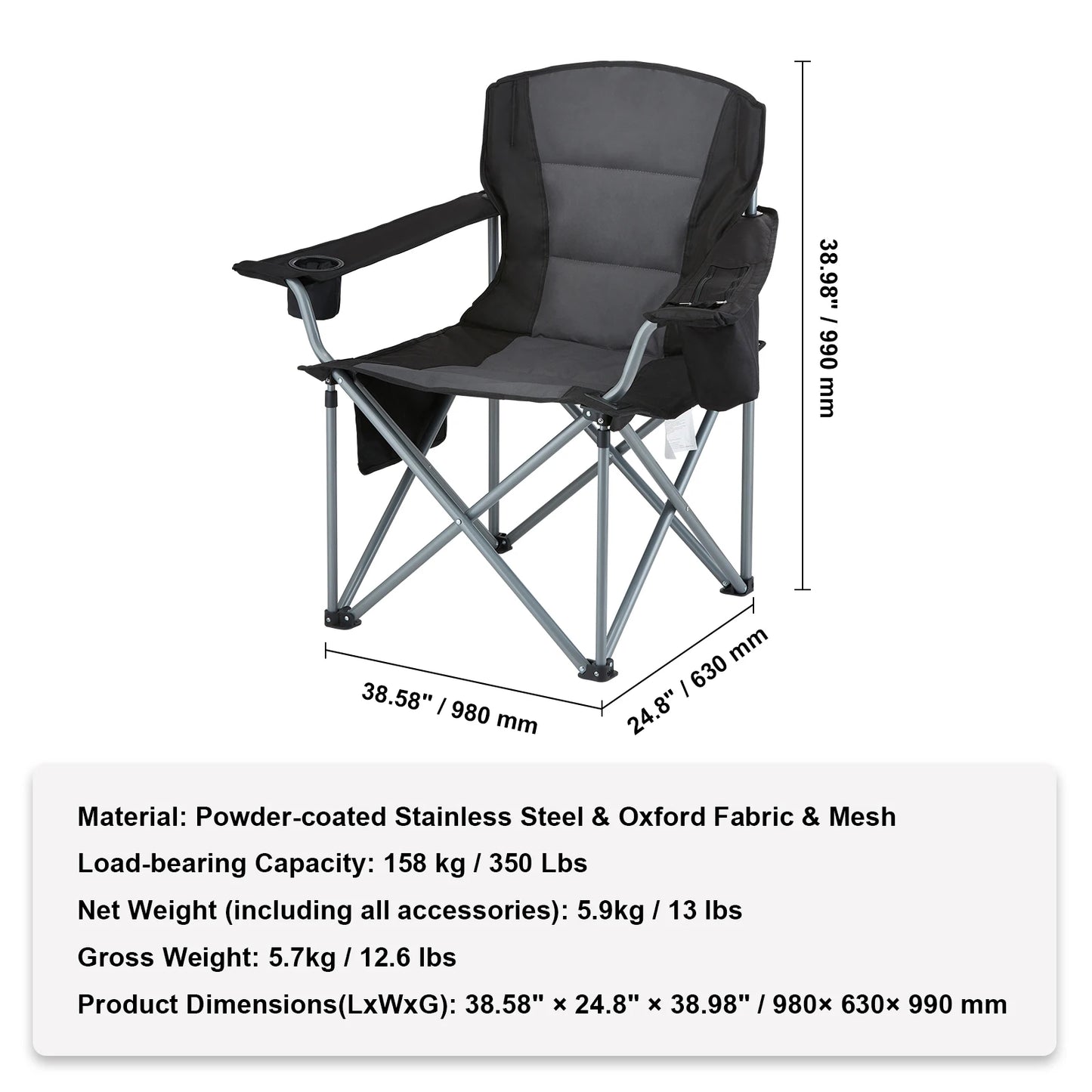 VEVOR Camping Folding Chair For Adults Quad Lumbar Back Padded With Side Pockets