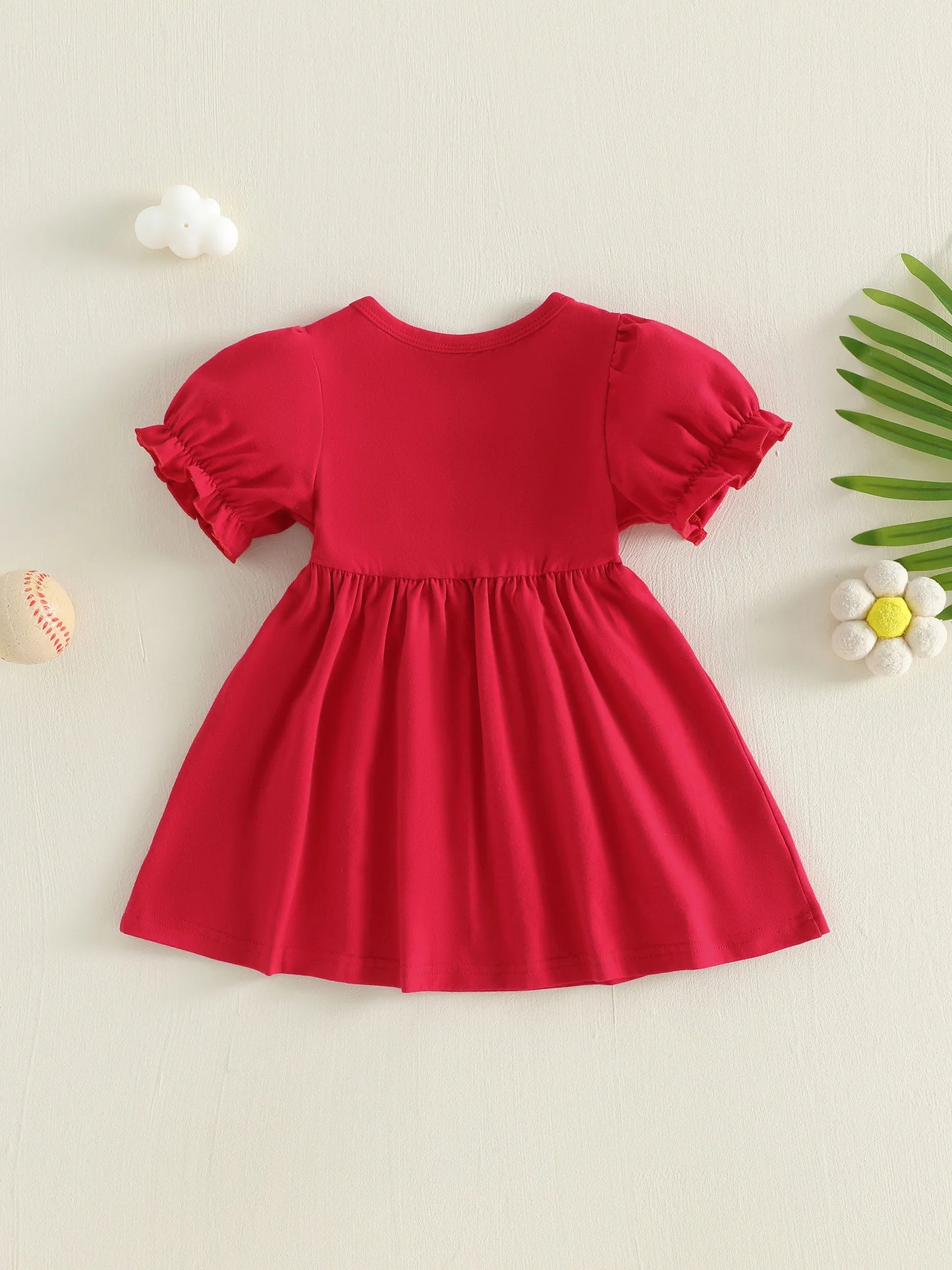 Girls Toddler Plaid Bowknot Dress With Baseball Theme Short Sleeve Casual