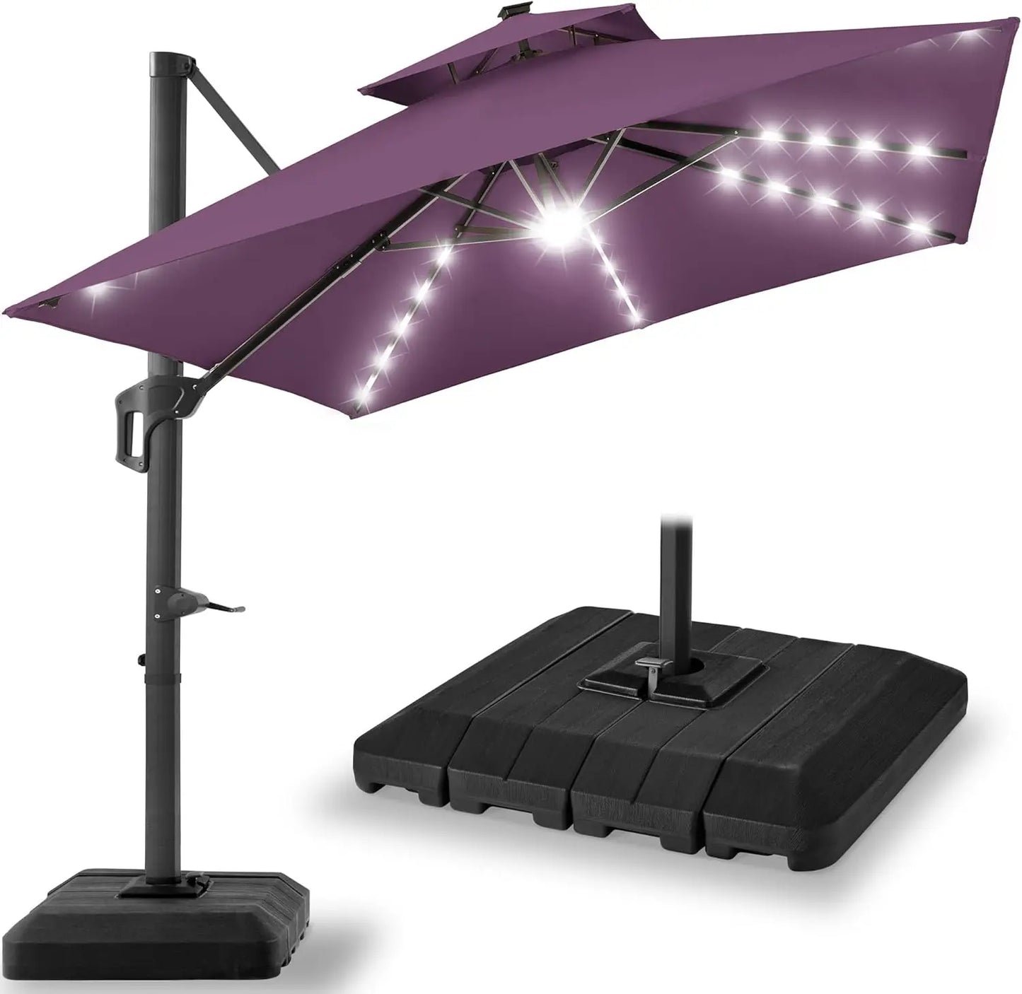 NONECN Cantilever Patio Umbrella With Base And Solar LED Lights
