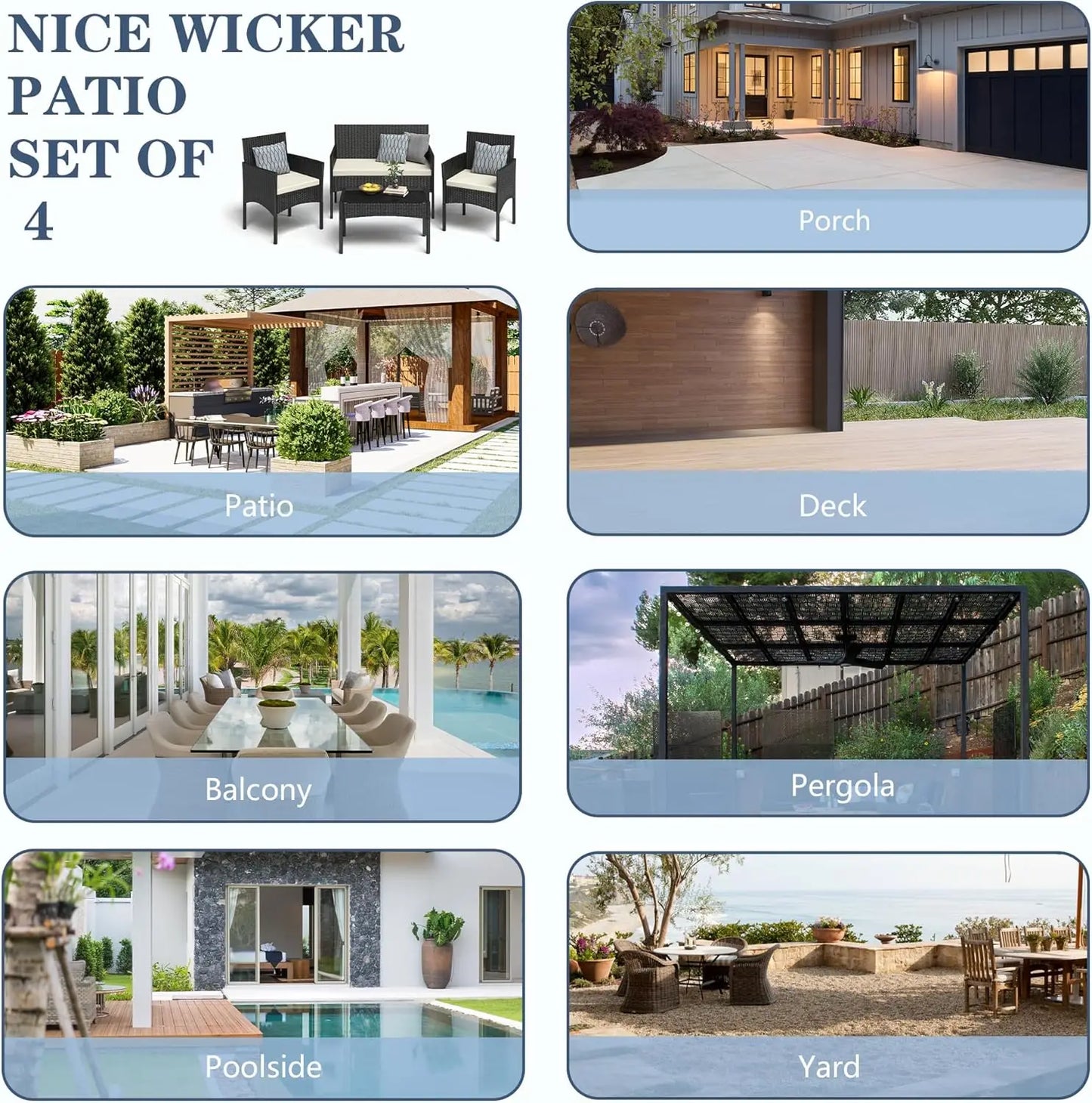 4 Piece Outdoor Patio Furniture Set Wicker Rattan With Waterproof Cushions