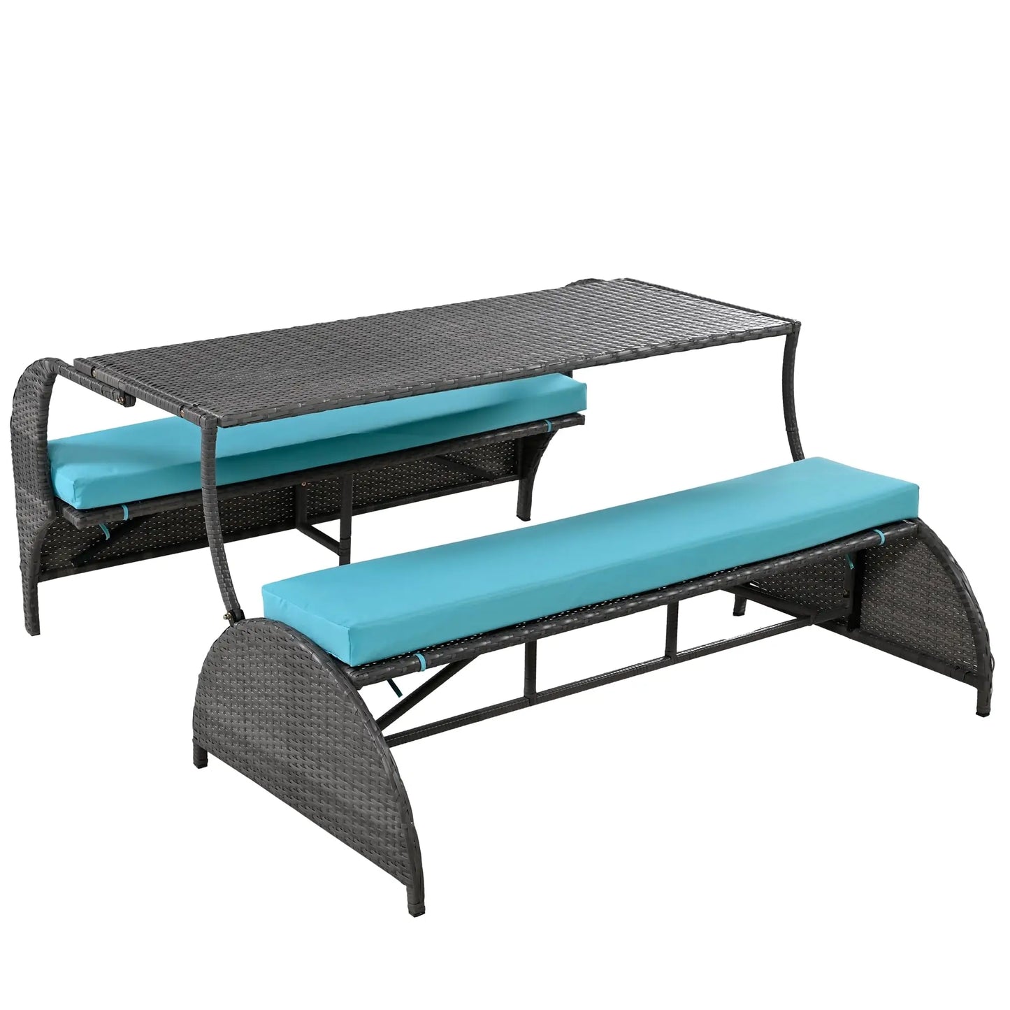 Outdoor Rattan Loveseat Convertible Picnic Bench With Table