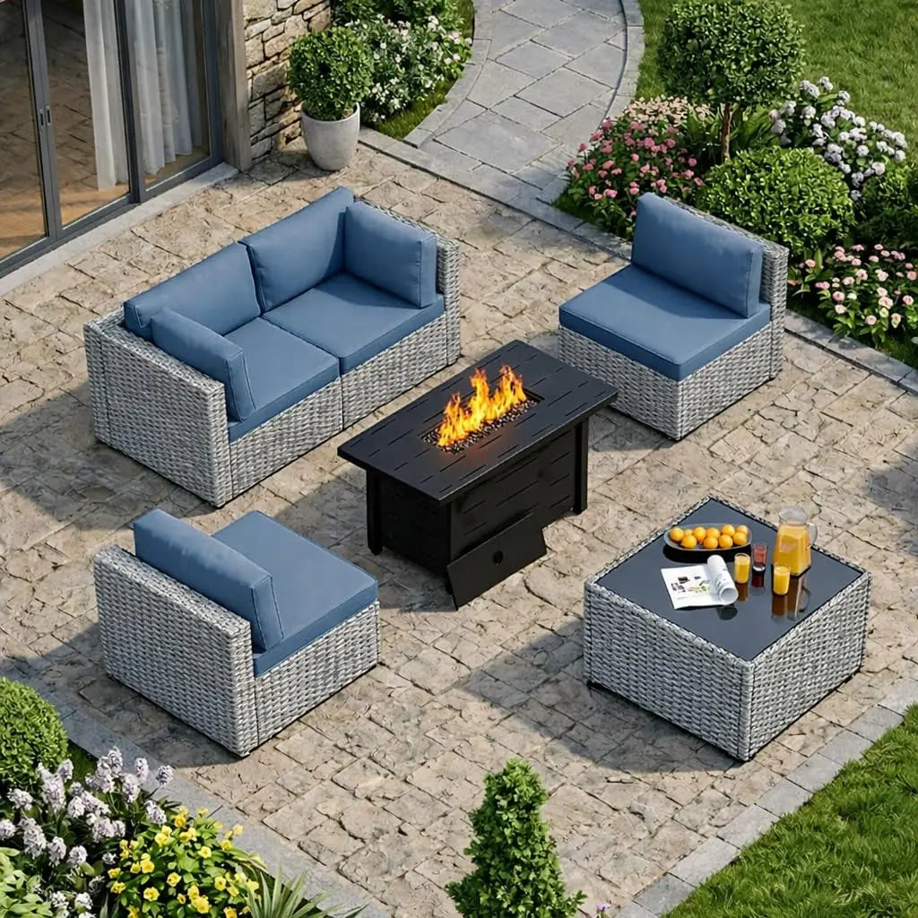 PE Rattan Sofa Set With Fire Pit Table And Cushions