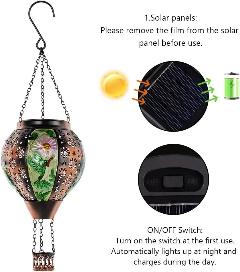 Hummingbird Solar Lantern Hot Air Balloon With Metal And Glass