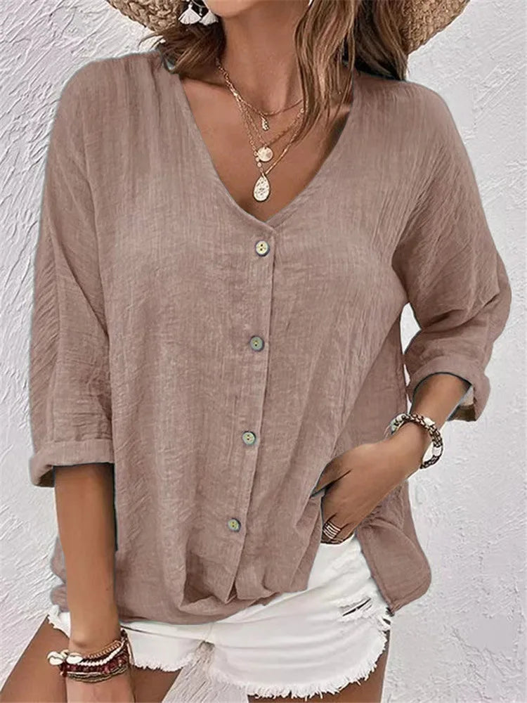 V Neck Long Sleeve T Shirt Button Front Women Topwear