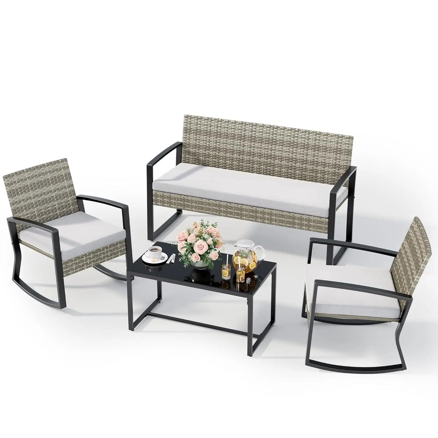GUANGBAI 4 Piece Patio Furniture Set Wicker With Glass Table
