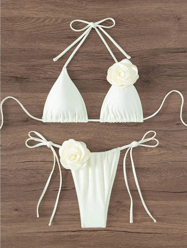 Sexy 3D Flowers Halter Strappy Bikini Set Women Swimwear