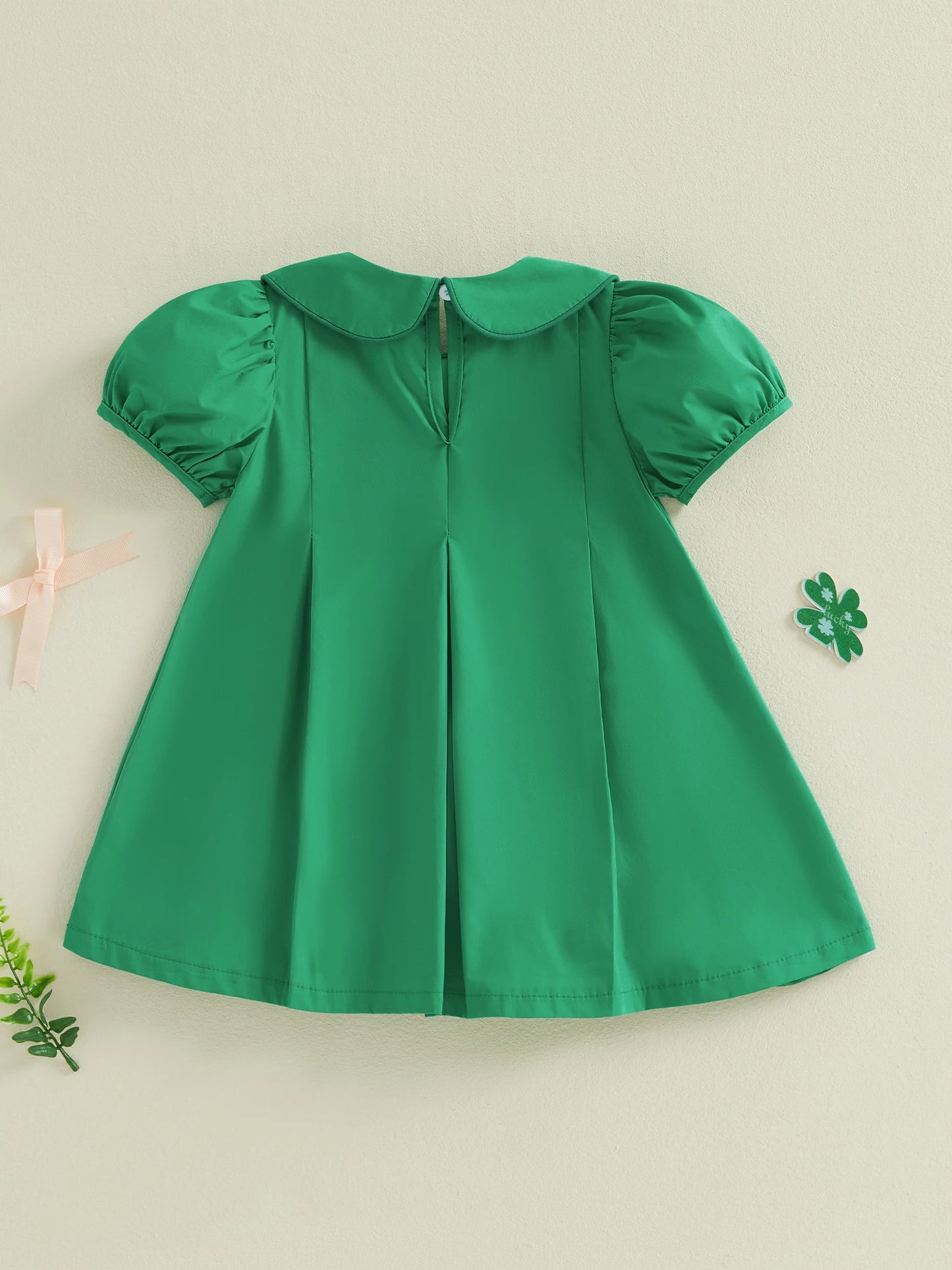 St Patrick Day Toddler Girl Dress With Shamrock Embroidery And Peter Pan Collar