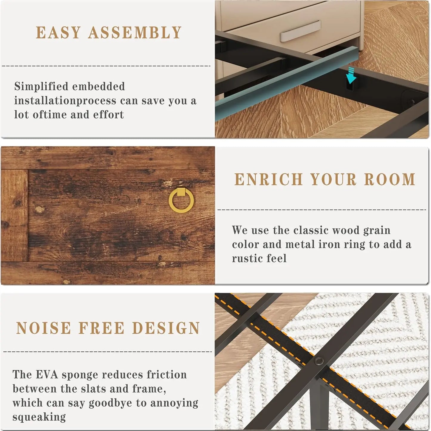 Farmhouse Metal Bed Frame With LED Lights And Charging Station