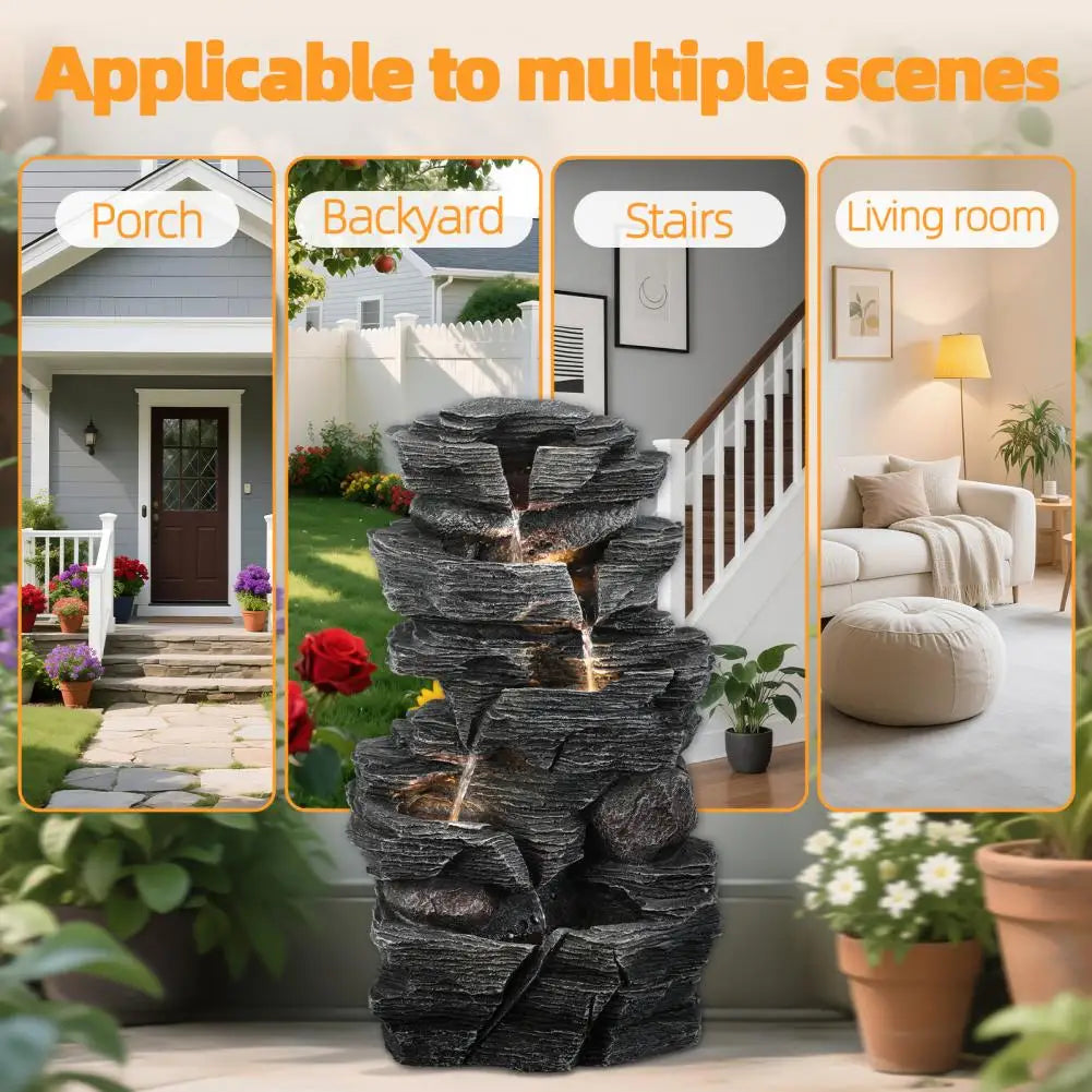 Rock Waterfall Garden Fountain With LED Light For Outdoor Decor