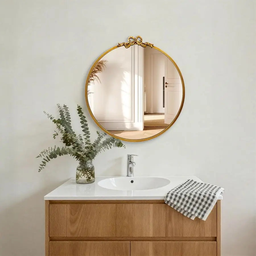 Round Gold Bow Mirror For Bathroom Vanity Baroque Circle Decor