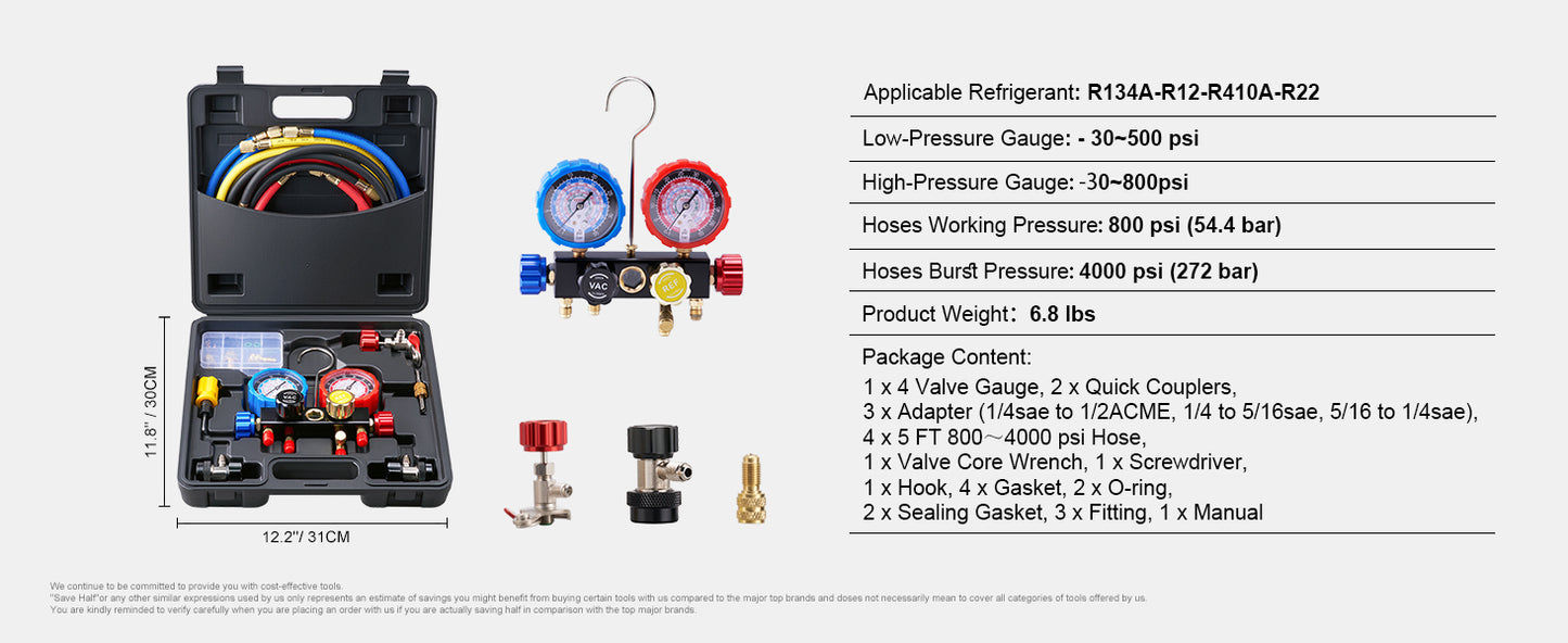 SucceBuy 4 Way AC Manifold Gauge Set With Hoses R134A