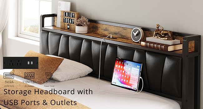 LIKIMIO Bed Frame With Storage Headboard Charging Station