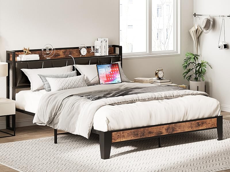 LIKIMIO Bed Frame With Storage Headboard Charging Station