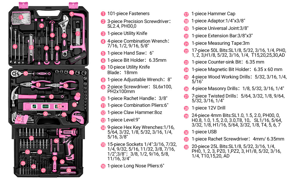 DEKODIY Home Mechanic Toolbox With 12V Cordless Drill Kit
