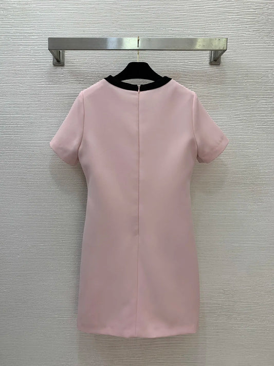 Women Knit Bowknot Round Collar Short Sleeve Dress With Pockets