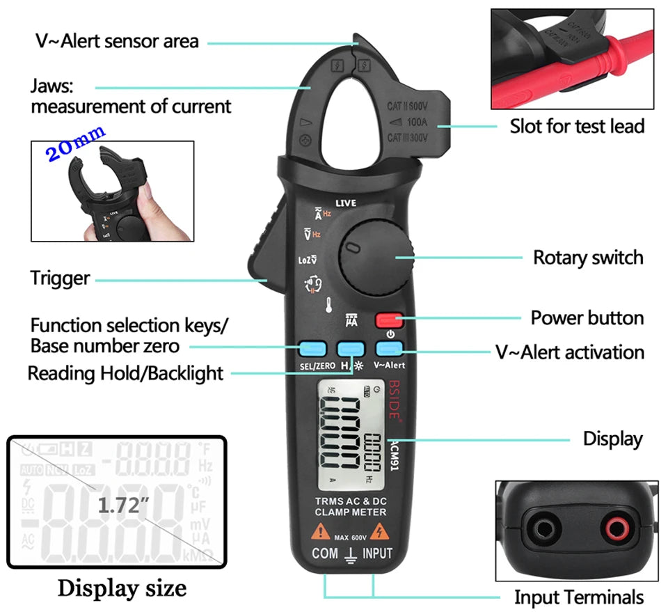 BSIDE ACM91 Digital Clamp Meter 100A DC AC Ammeter