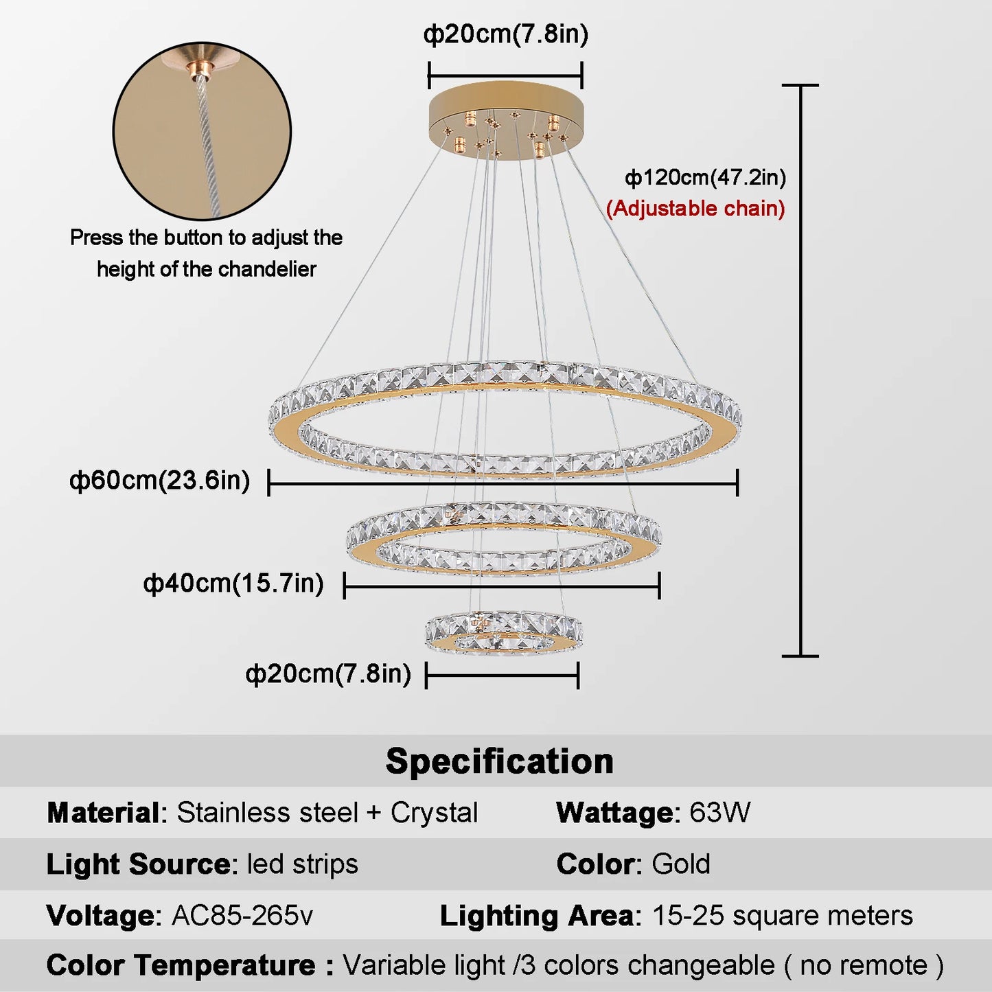 VETRULUS Crystal Ceiling Chandelier Three Ring Pendant Light
