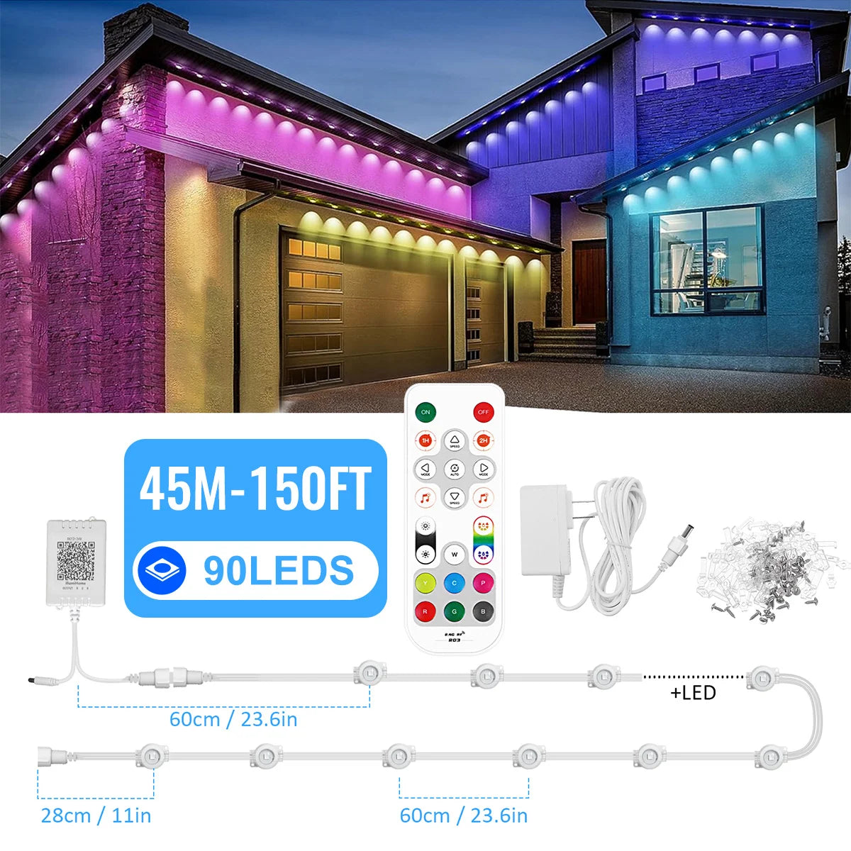 Smart RGB Northern Lights Outdoor Eaves String Lights 100ft 60 LEDs IP68 Waterproof for Christmas Parties and Holidays