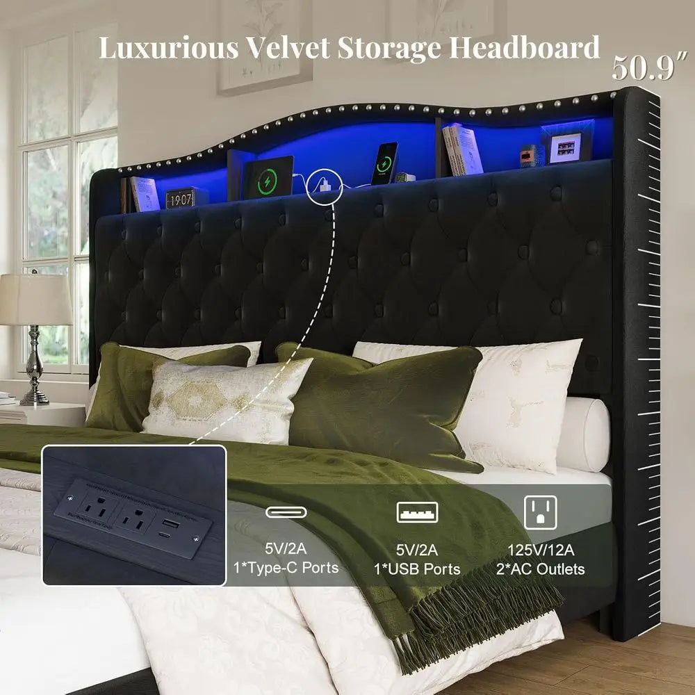 Wingback Velvet Upholstered Bed With LED Lights Storage Charging