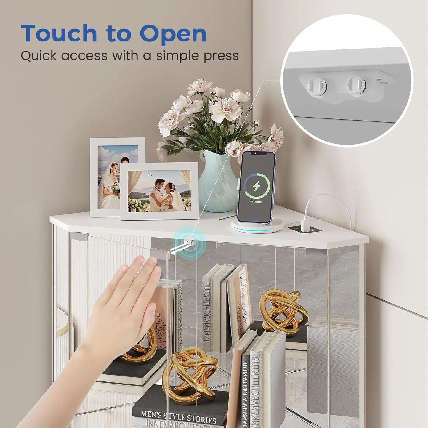ZHILU Corner Curio Cabinet With Glass Doors LED Charging Station