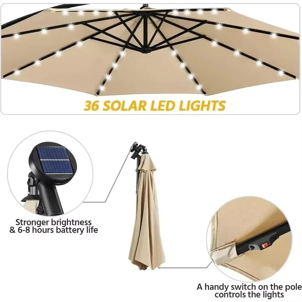 Solar Offset Cantilever Umbrella With LED Lights And Crank Base