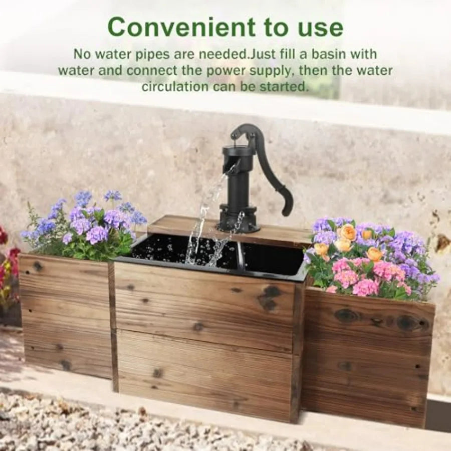 Outdoor Water Fountain Wooden Rectangular Old Fashioned Pump Flower Box