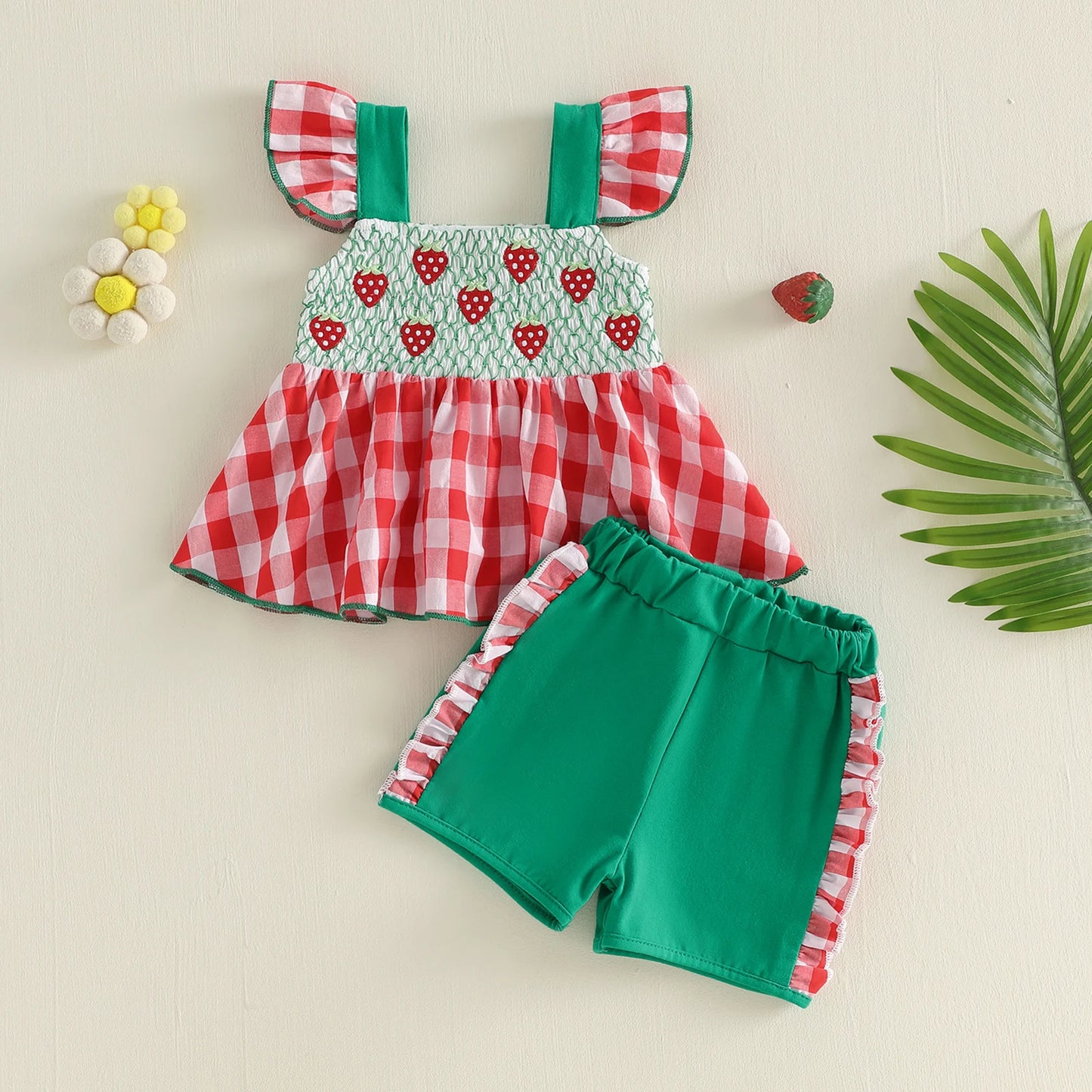 Adorable Toddler Girls Two Piece Strawberry Embroidery Flutter Sleeve Set