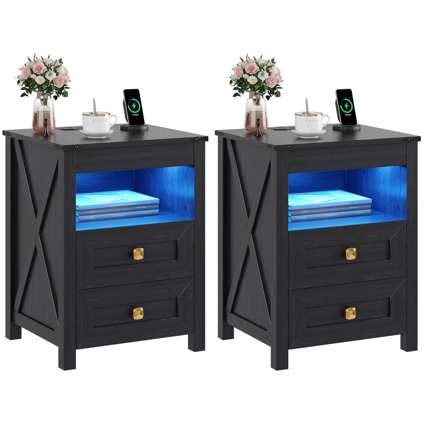 Frame LED Nightstand Set Of 2 Gun Drawer Charging Station