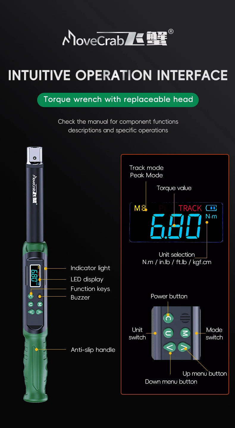 MoveCrab Digital Torque Wrench With Interchangeable Heads 6.8-135 Nm