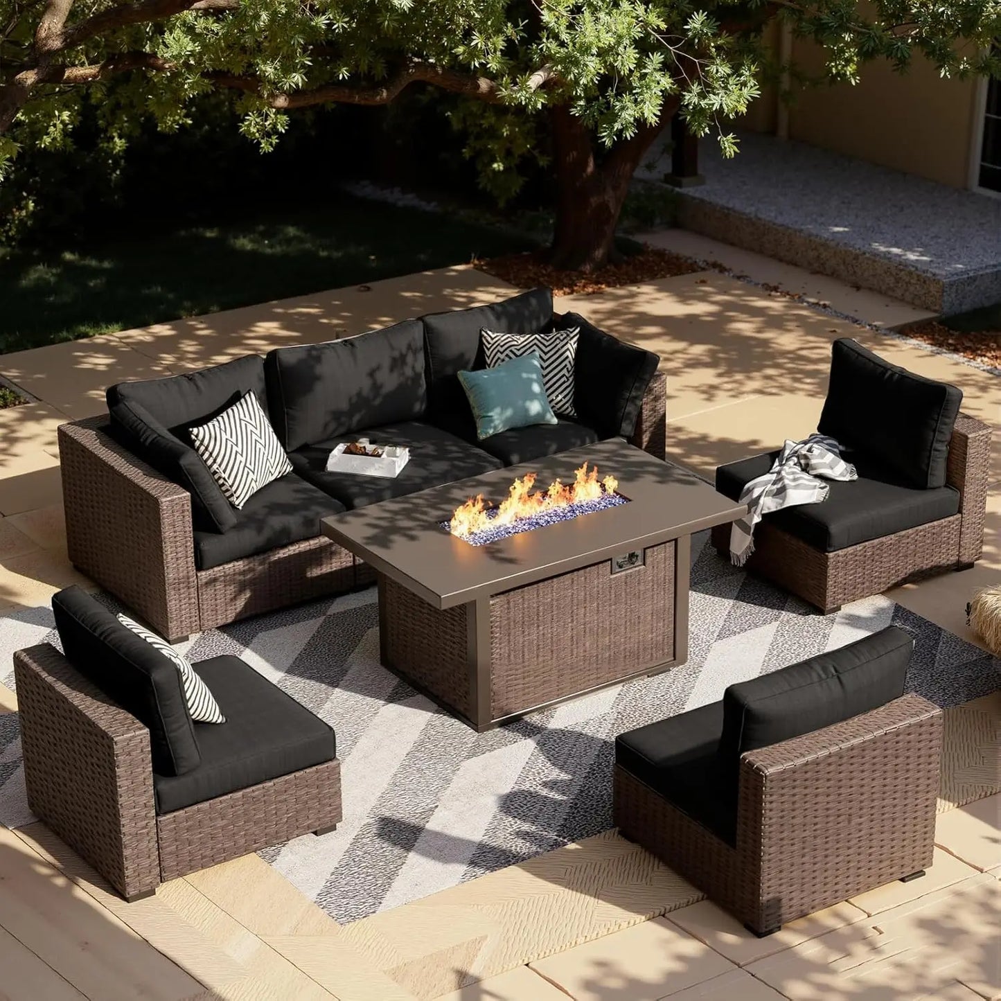 XIAOLANG 7-Piece Outdoor Patio Sectional Sofa Set With Firepit Table