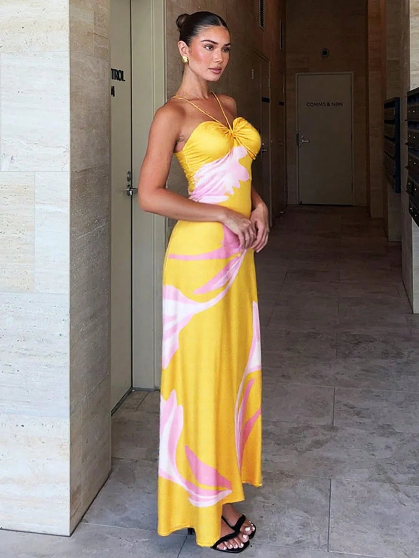 Abstract Print Halter Maxi Dress Satin Gown For Women Beach Wedding Guest