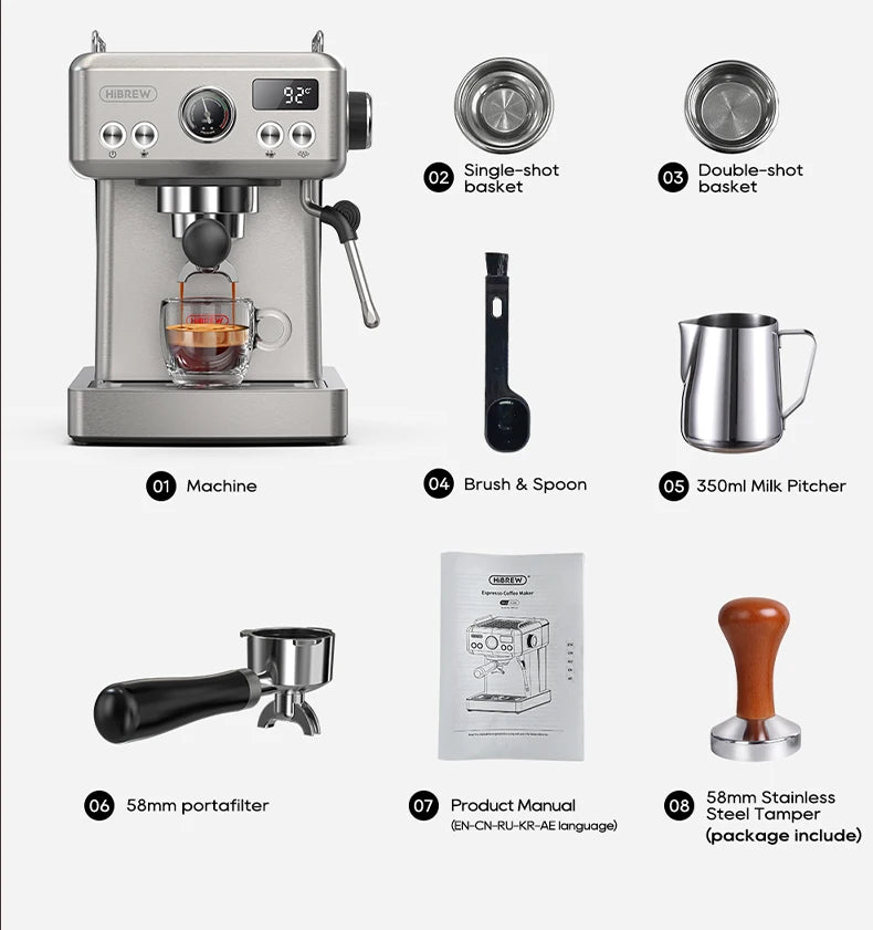 HiBREW 20 Bar Semi Automatic Espresso Temperature Adjustable 58mm Portafilter