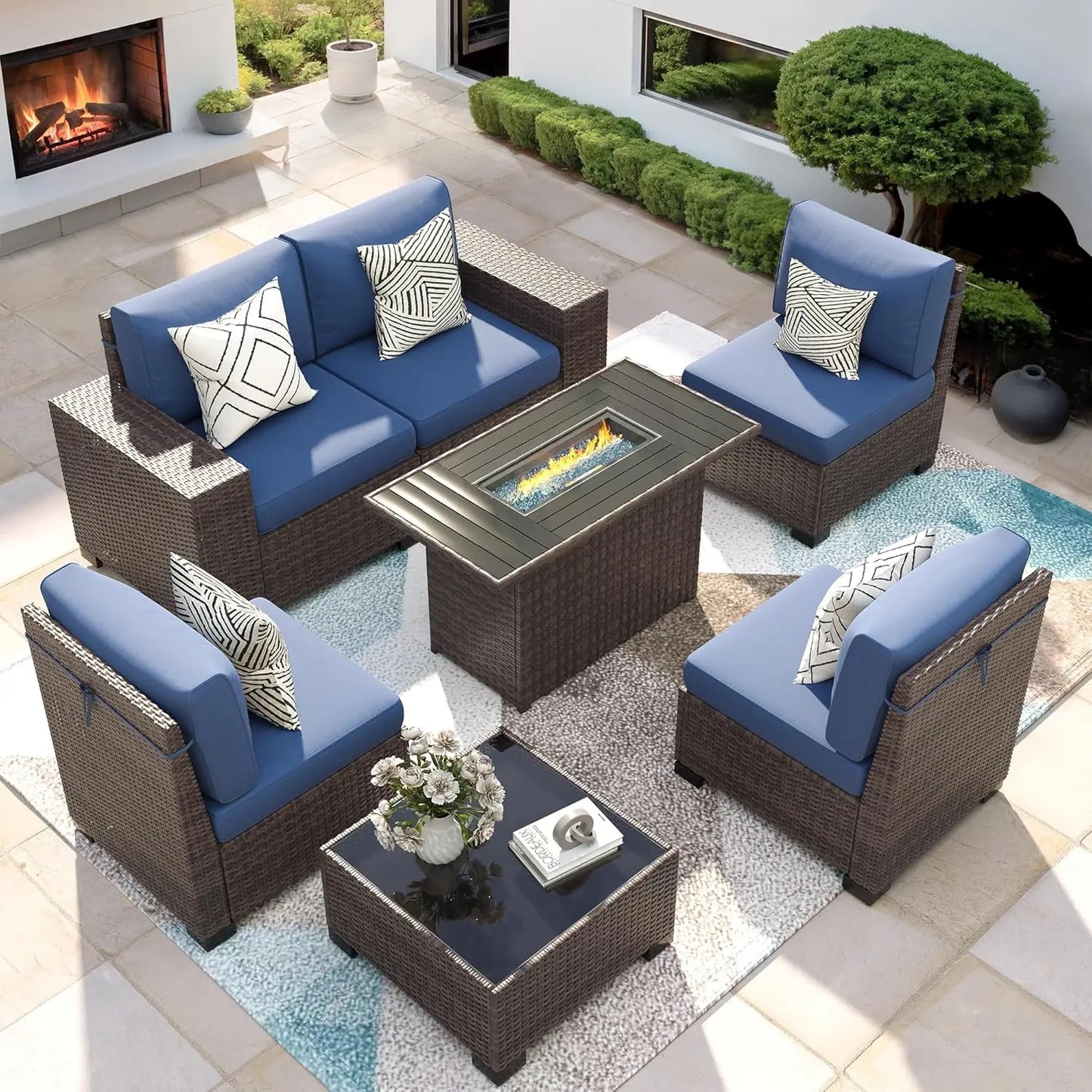 XIAOLANG 7-Piece Outdoor Patio Furniture Set With Fire Pit Table