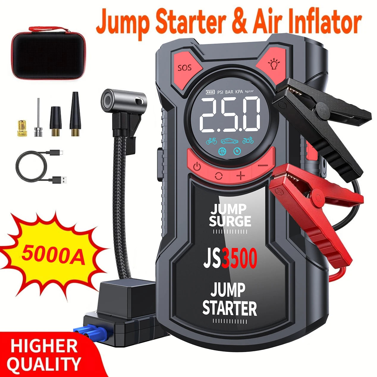 BUVAYE 5In1 Multifunctional Air Pump Jump Starter 3000A Peak 150PSI