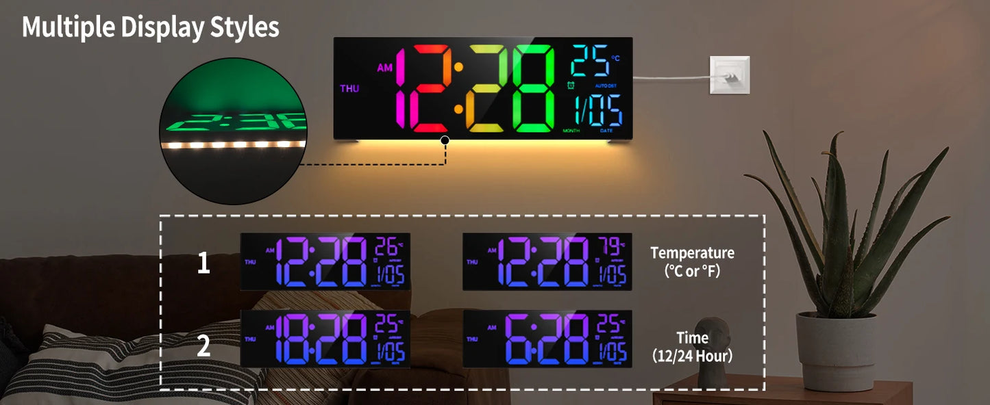 Digital Wall Clock With Large LED Display And Remote Temperature