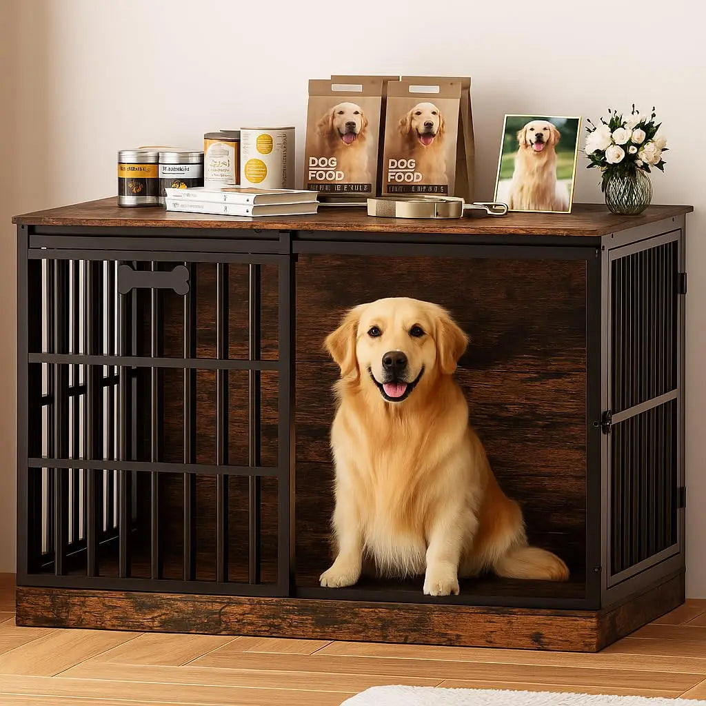 47in Wooden Dog Crate with Name Tag, Sliding Barn Door, Heavy Duty Indoor Kennel, Side End Table, TV Stand, Brown, Custom