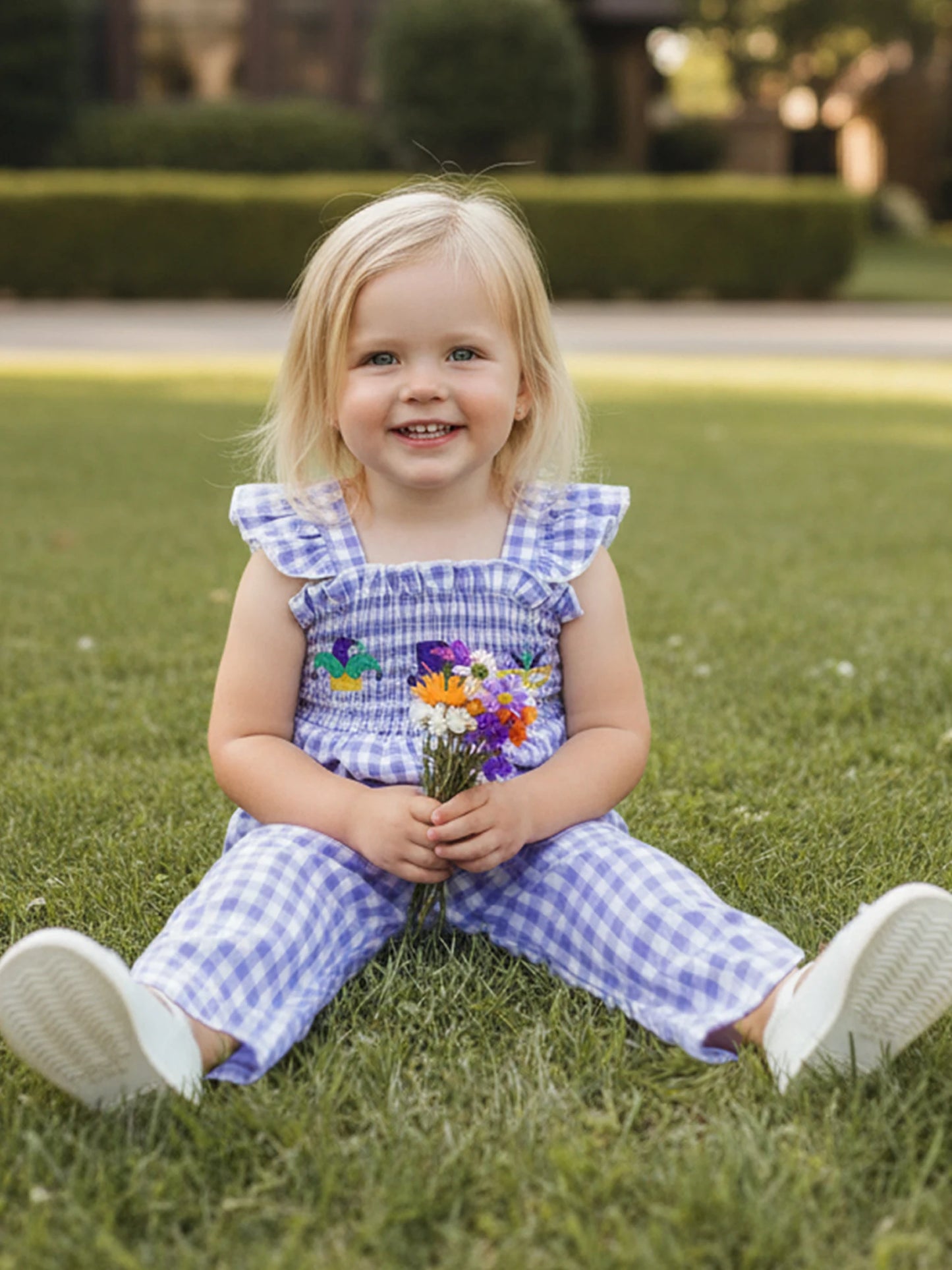 Girls Floral Embroidered Plaid Jumpsuit with Ruffle Sleeves