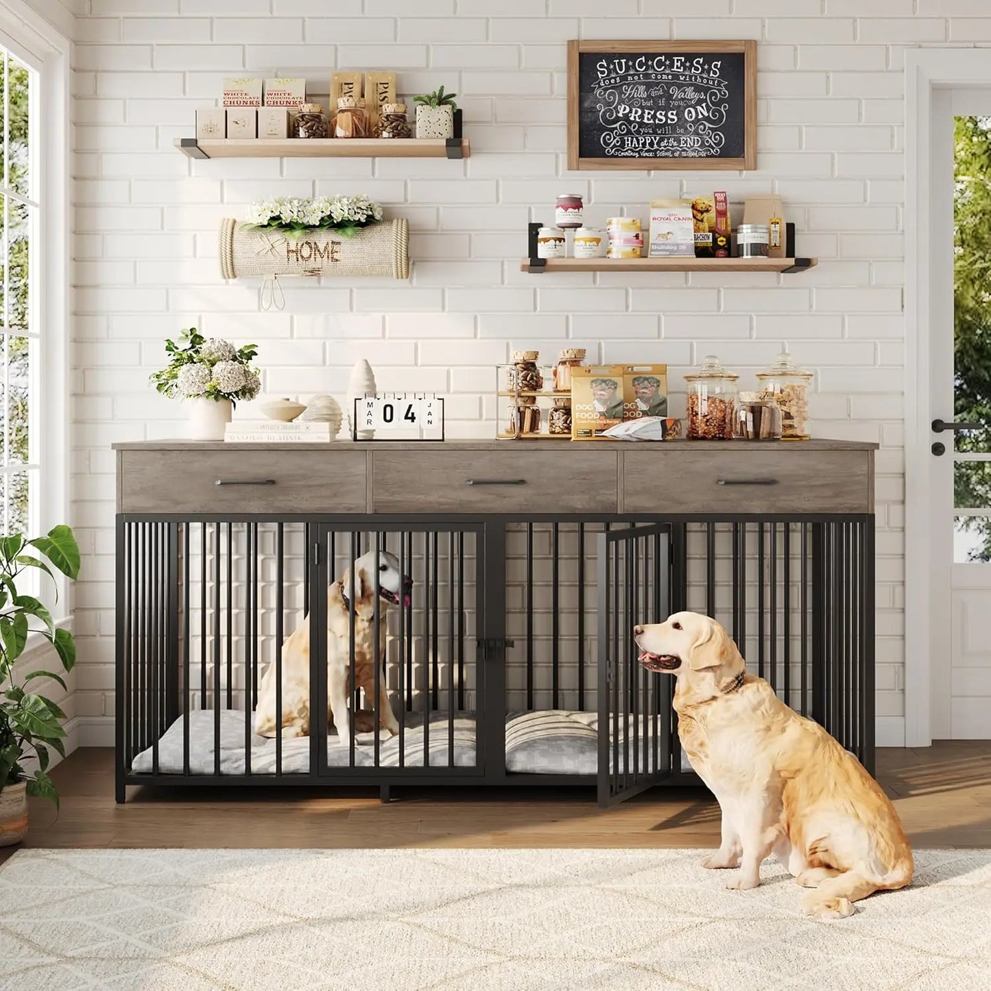 Double Dog Crate Furniture With Drawers And Removable Divider